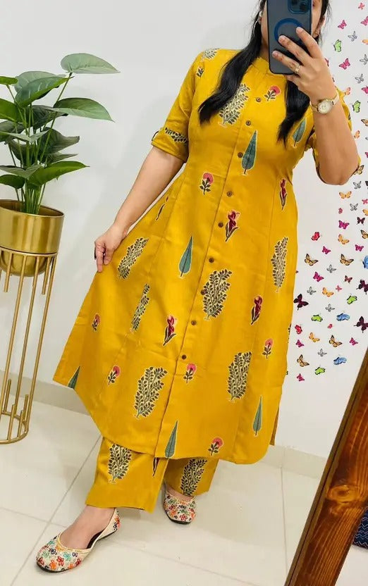 Yellow Indian A-Line Jaipuri Floral Block Printed Cotton Kurta Pant Set