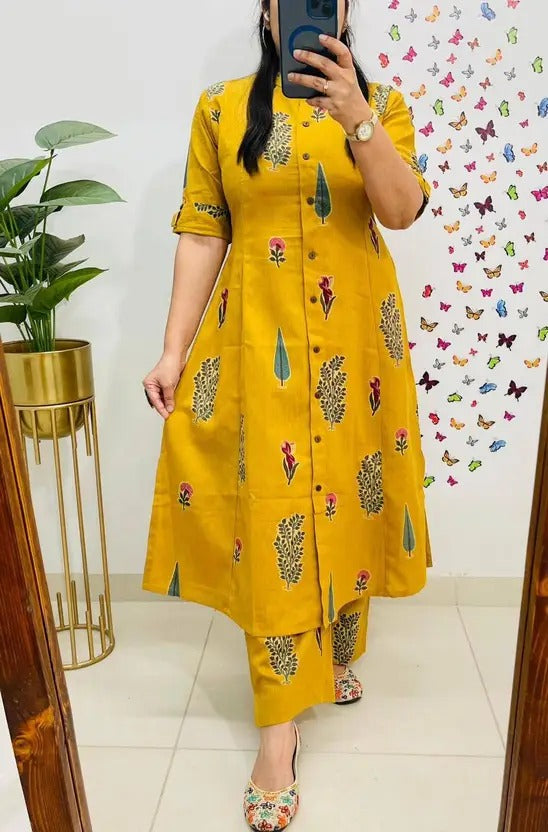 Yellow Indian A-Line Jaipuri Floral Block Printed Cotton Kurta Pant Set