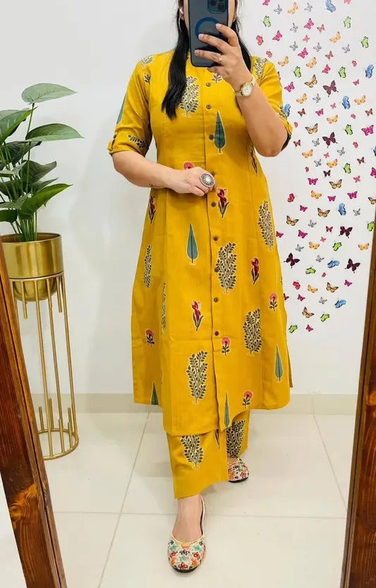 Yellow Indian A-Line Jaipuri Floral Block Printed Cotton Kurta Pant Set