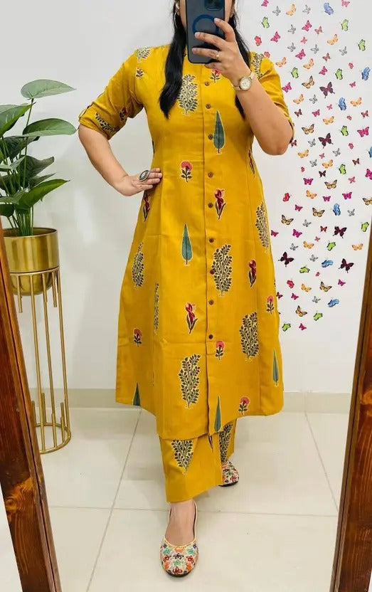 Yellow Indian A-Line Jaipuri Floral Block Printed Cotton Kurta Pant Set