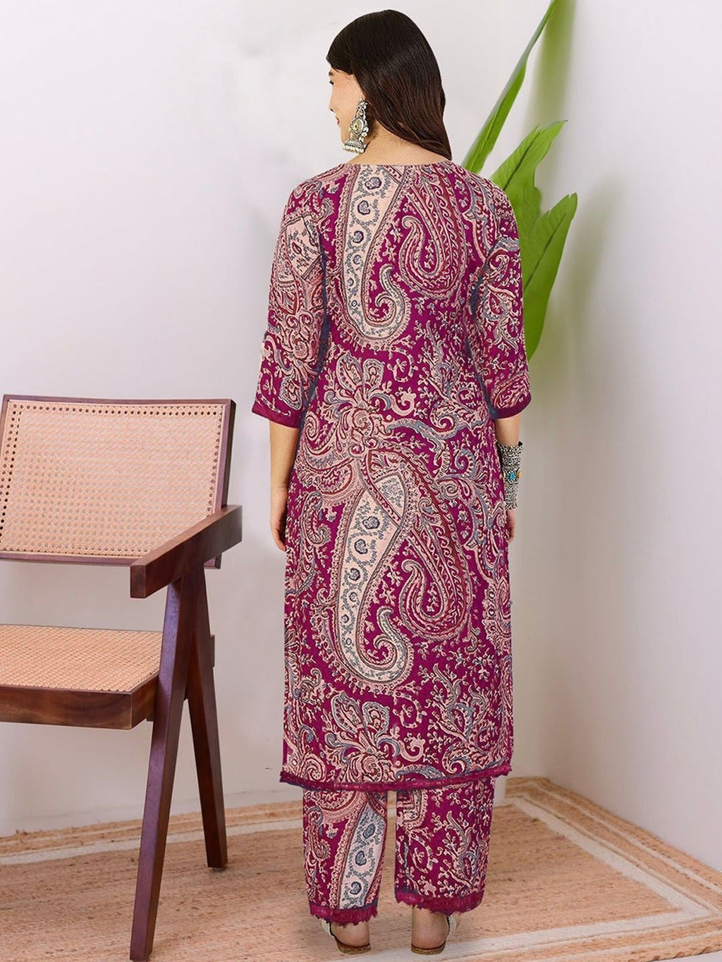 Burgundy Floral Printed Rayon Kurta Pant Set