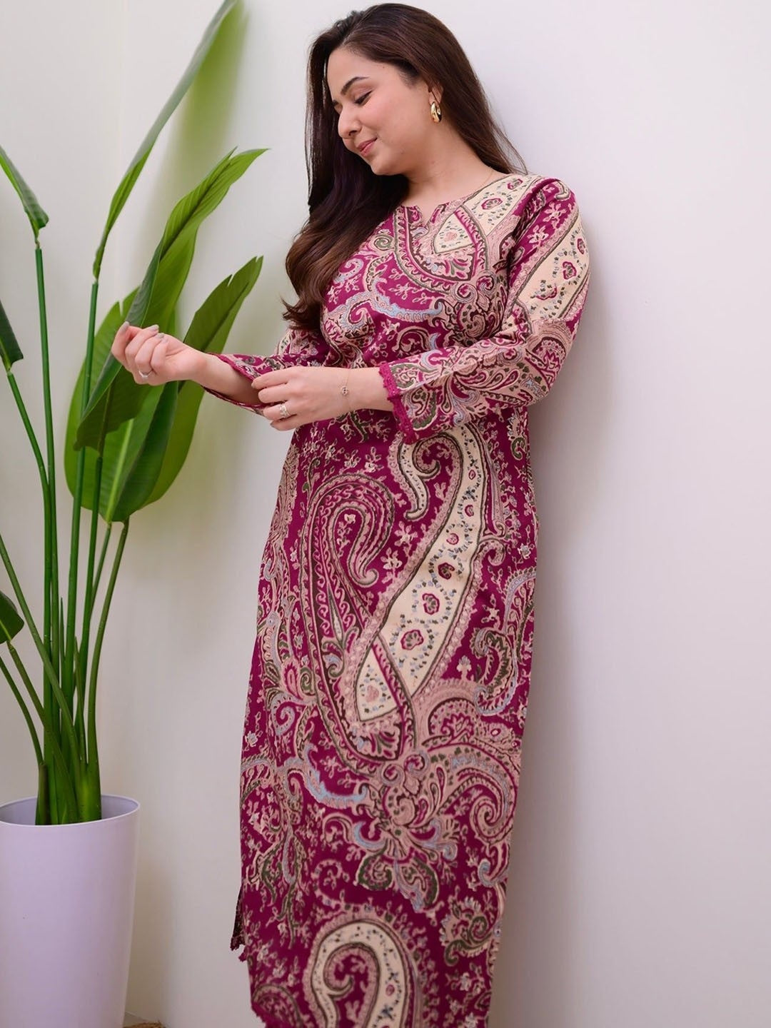 Burgundy Floral Printed Rayon Kurta Pant Set