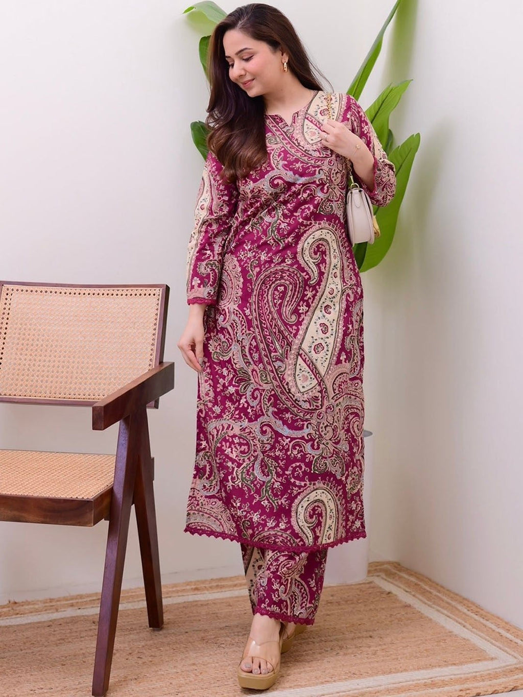 Burgundy Floral Printed Rayon Kurta Pant Set