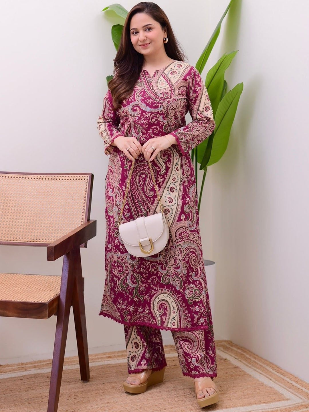 Burgundy Floral Printed Rayon Kurta Pant Set