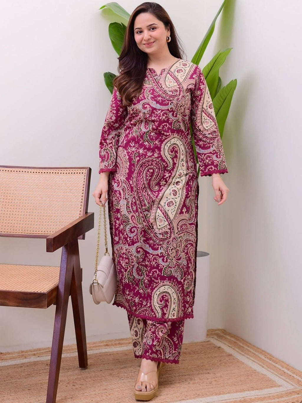 Burgundy Floral Printed Rayon Kurta Pant Set