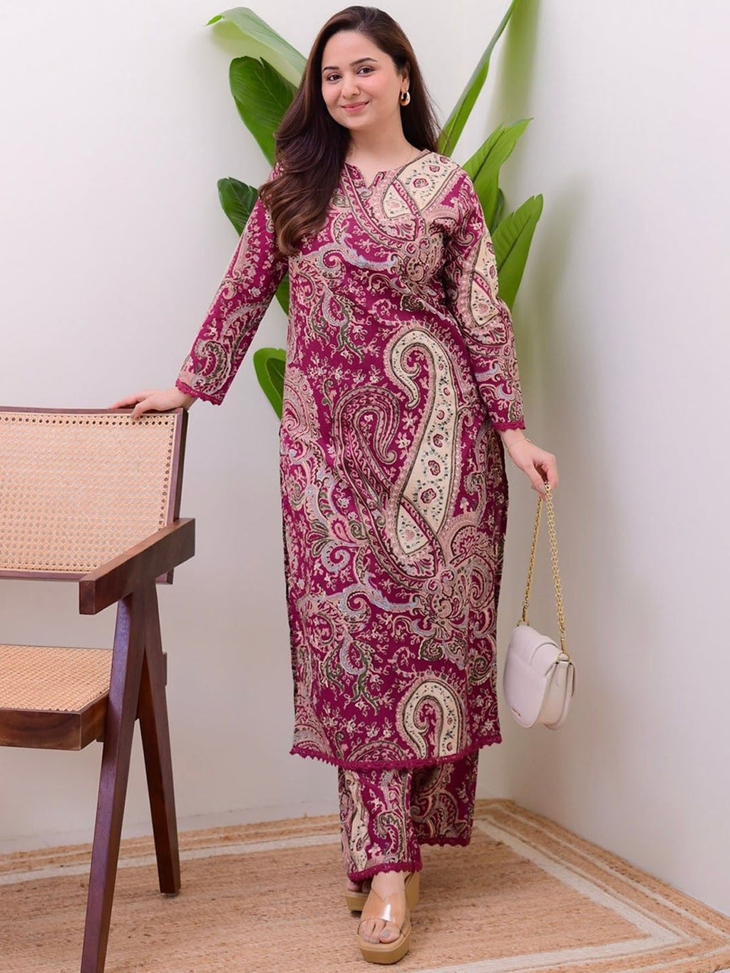 Burgundy Floral Printed Rayon Kurta Pant Set