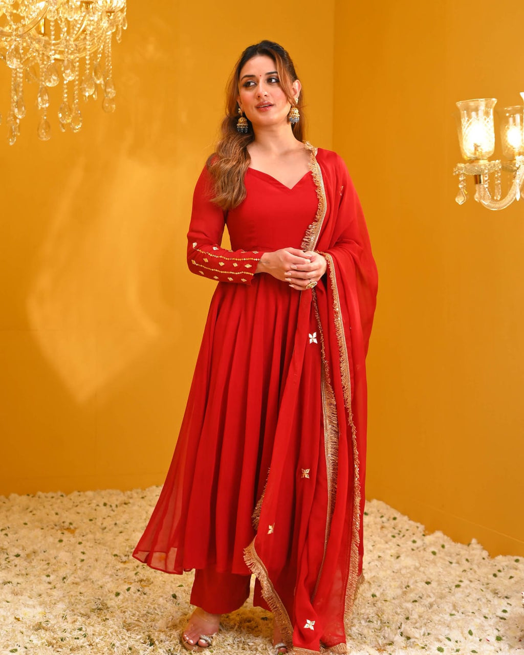 Red Embellished Flared Kurta Set with Dupatta for Women