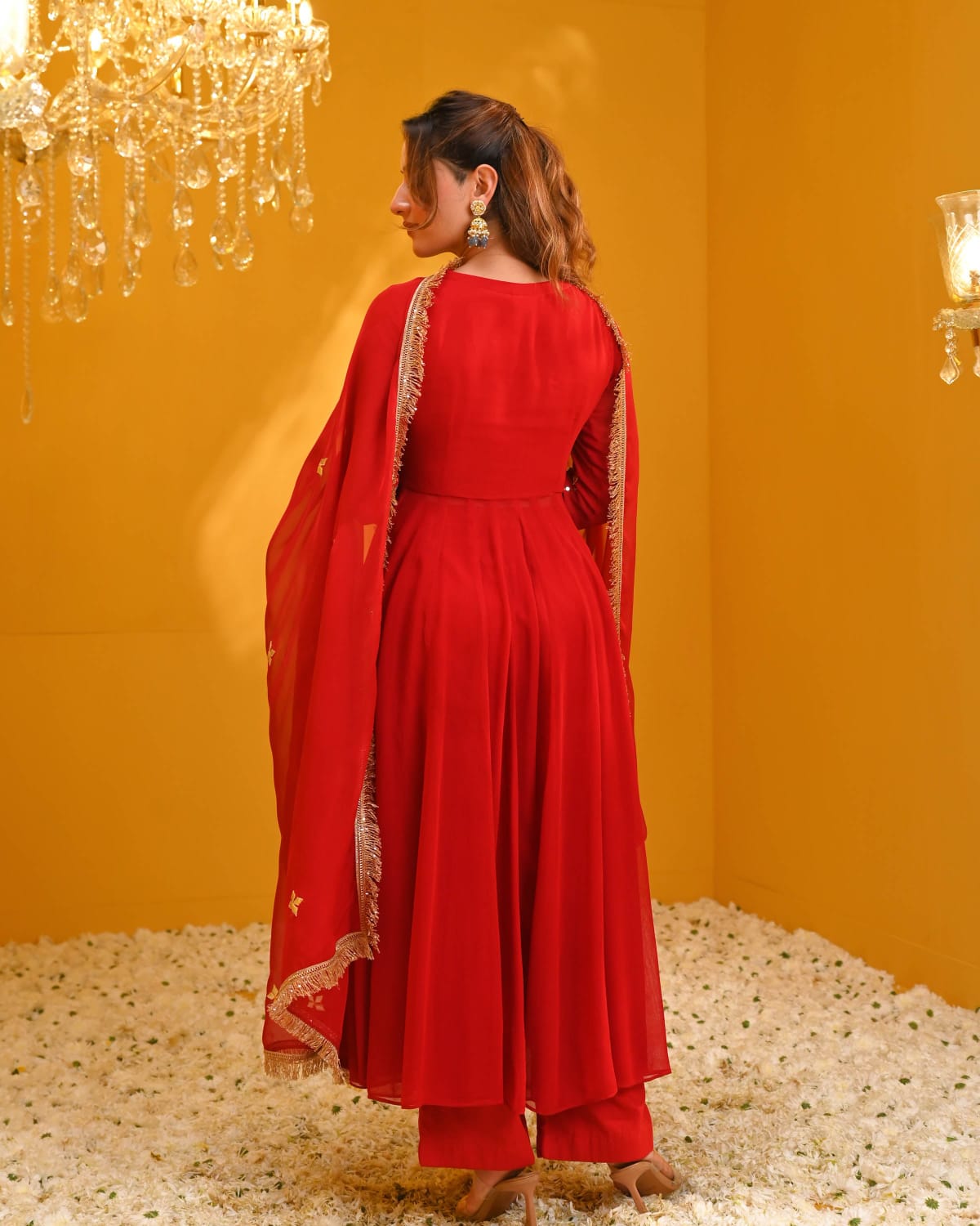 Red Embellished Flared Kurta Set with Dupatta for Women