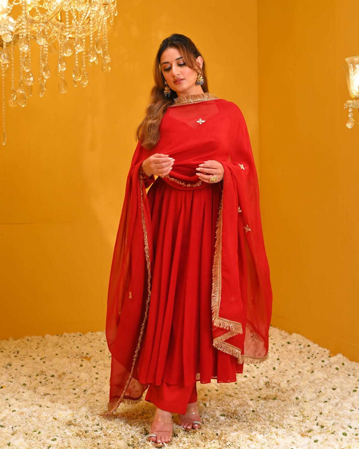 Red Embellished Flared Kurta Set with Dupatta for Women