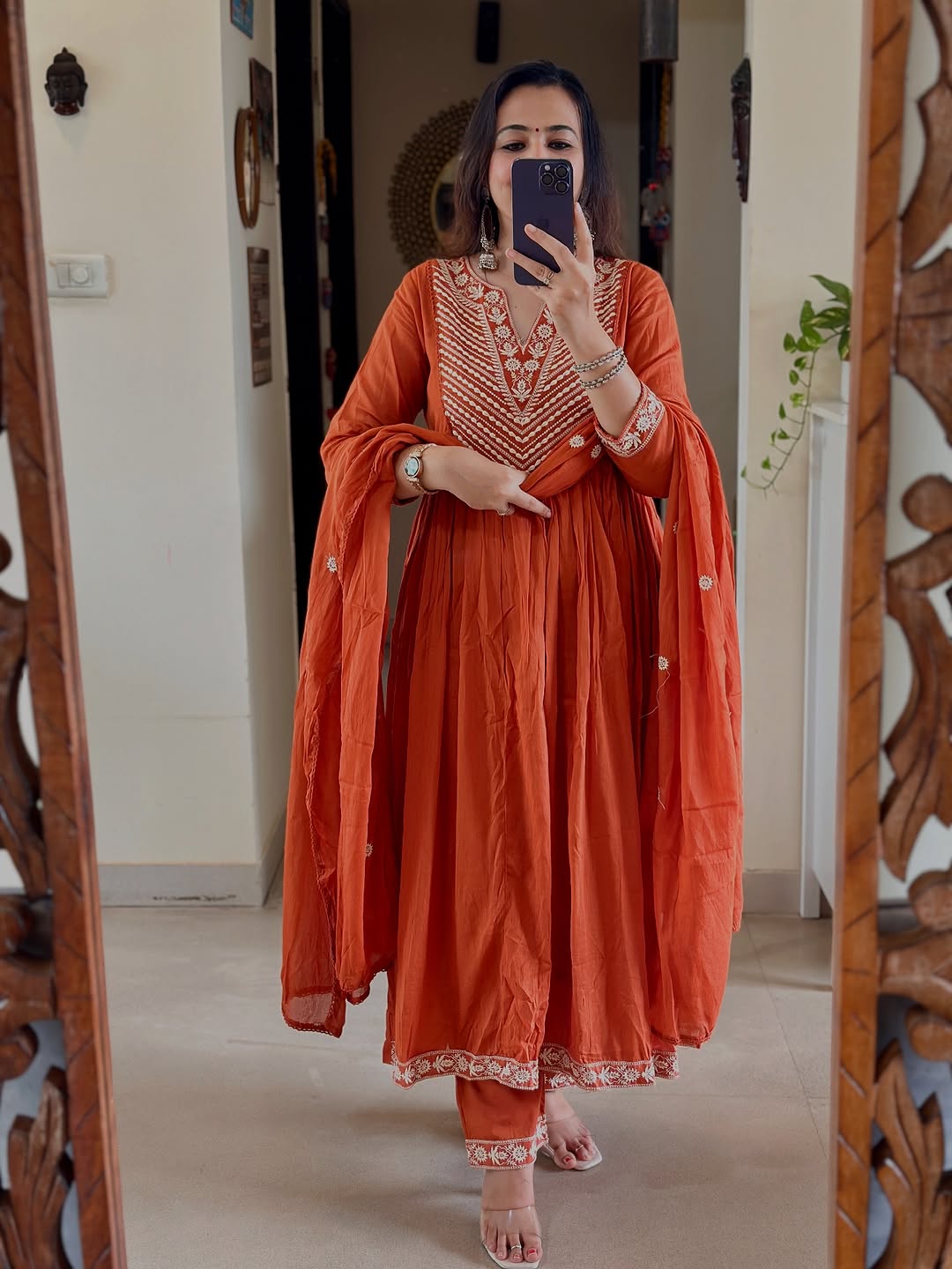 Burnt Orange Embroidered Anarkali Kurta Set with Dupatta for Women