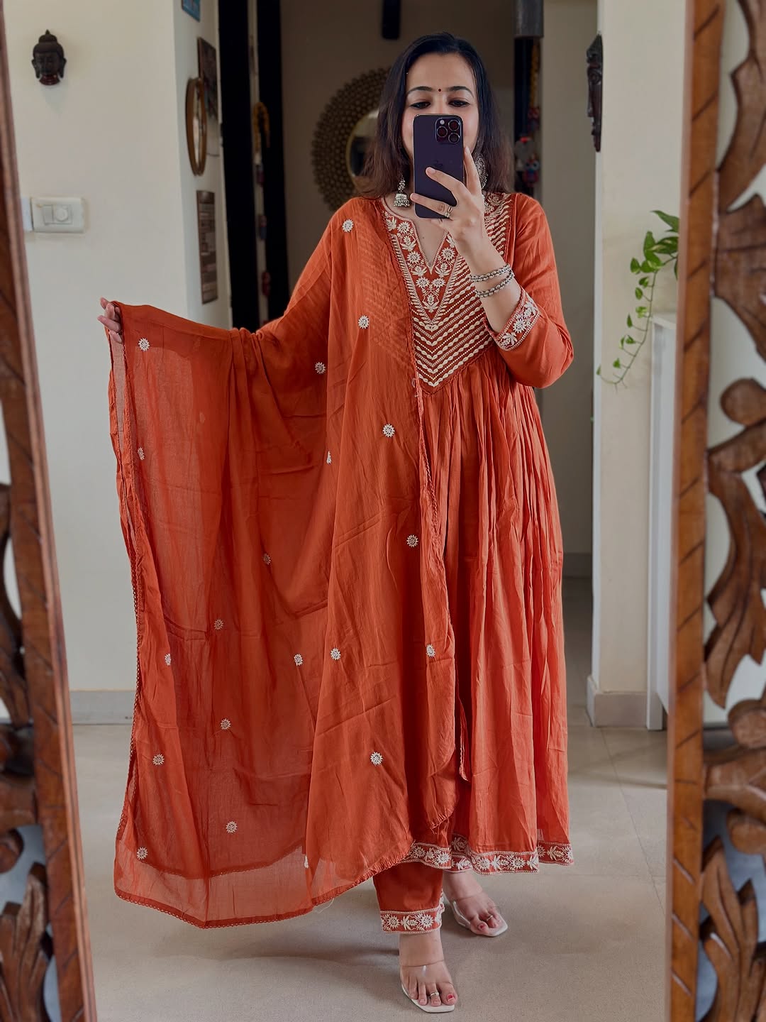 Burnt Orange Embroidered Anarkali Kurta Set with Dupatta for Women