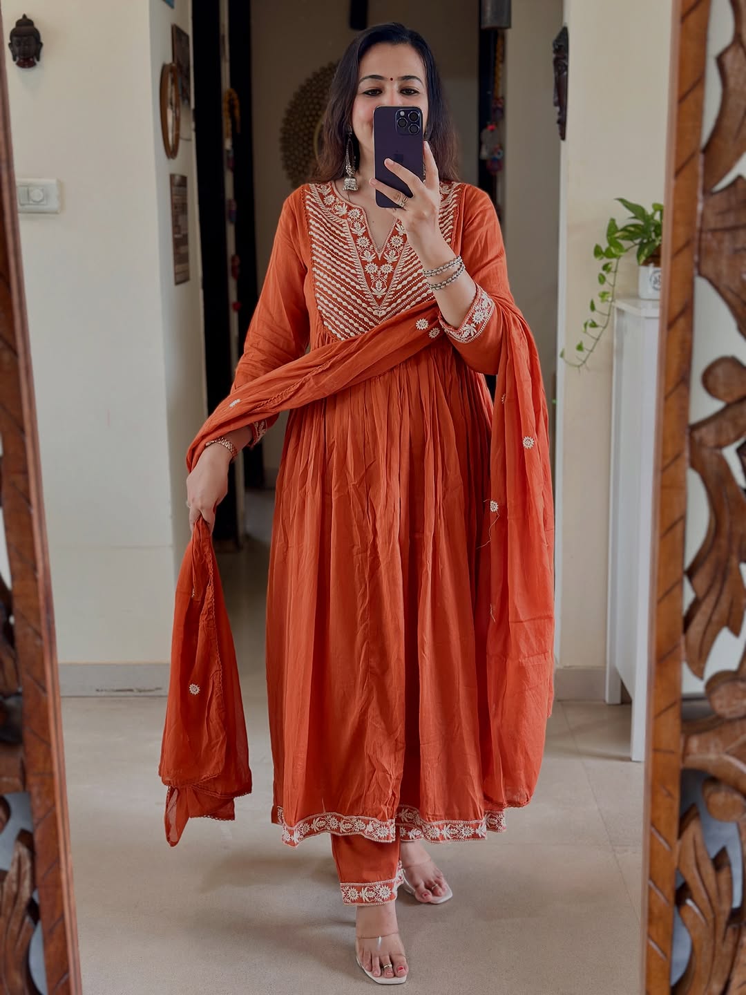 Burnt Orange Embroidered Anarkali Kurta Set with Dupatta for Women