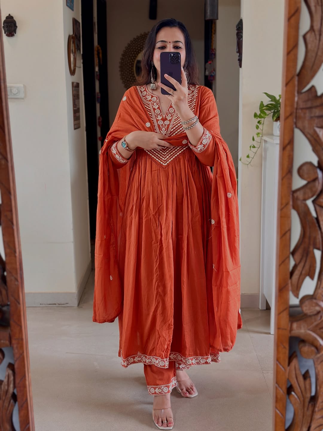 Burnt Orange Embroidered Anarkali Kurta Set with Dupatta for Women