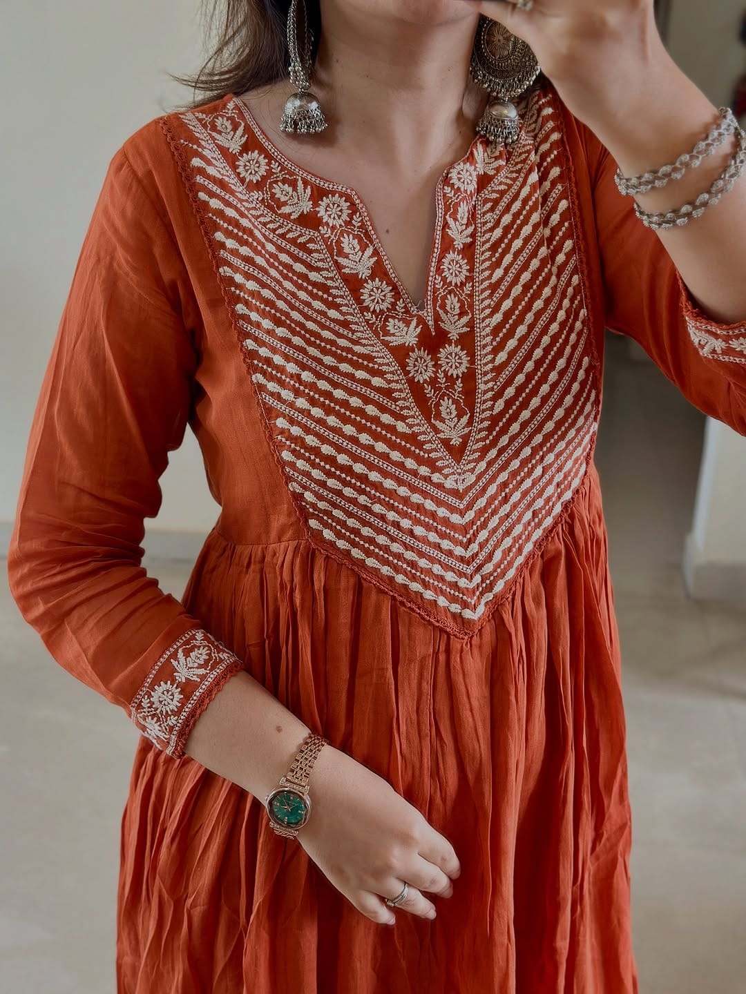 Burnt Orange Embroidered Anarkali Kurta Set with Dupatta for Women
