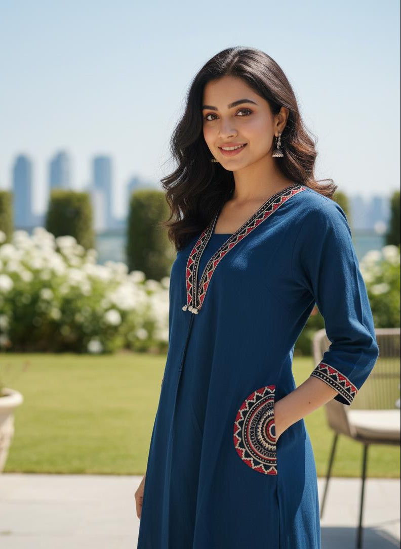 Indigo Blue Embroidered Cotton Kurta Set for Women