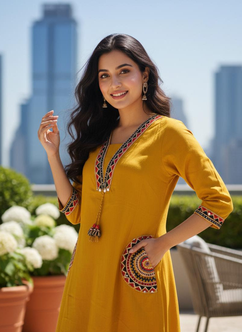 Mustard Yellow Embroidered Cotton Kurta Set for Women