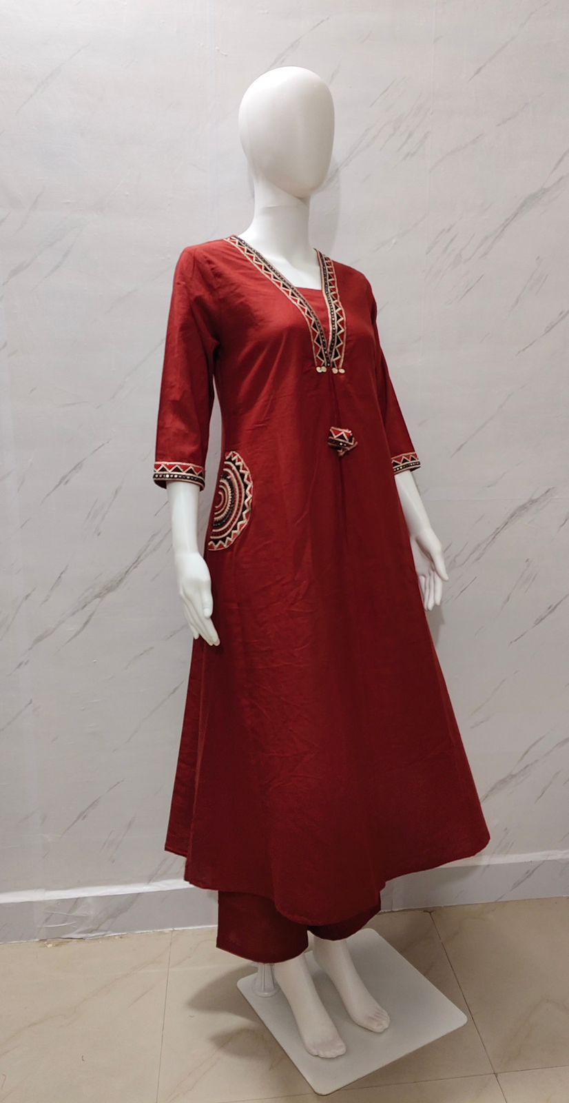 Rust Red Embroidered Cotton Kurta Set for Women