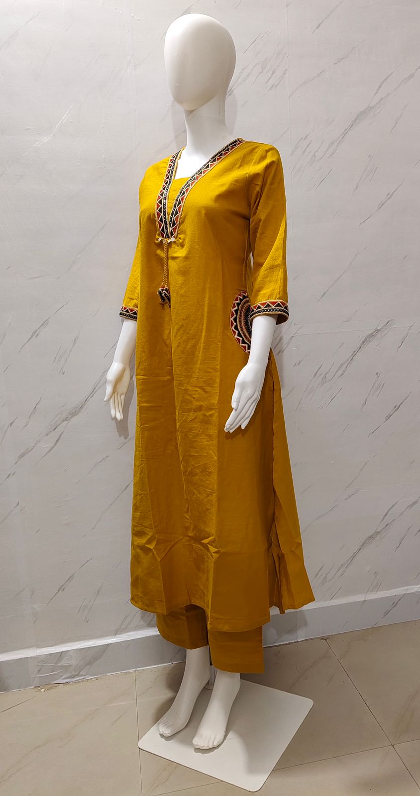 Mustard Yellow Embroidered Cotton Kurta Set for Women