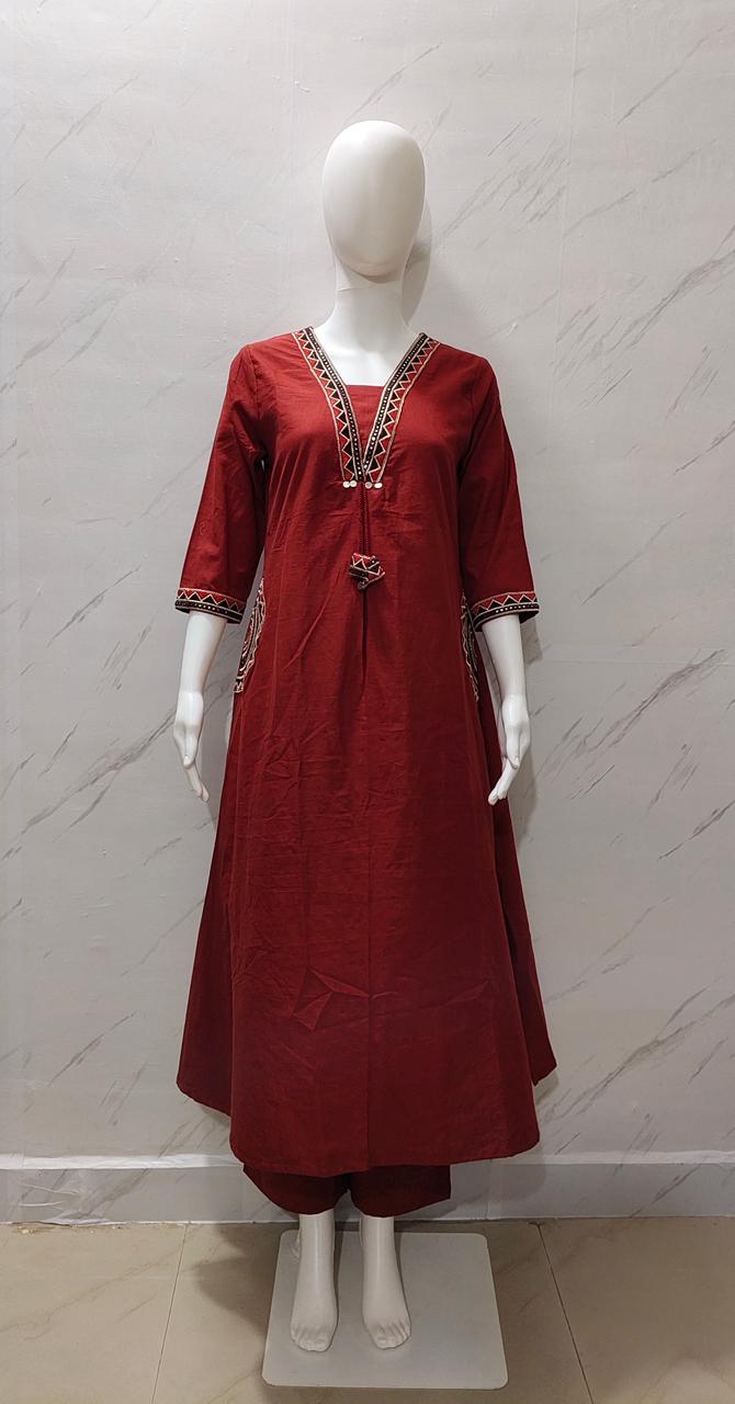 Rust Red Embroidered Cotton Kurta Set for Women