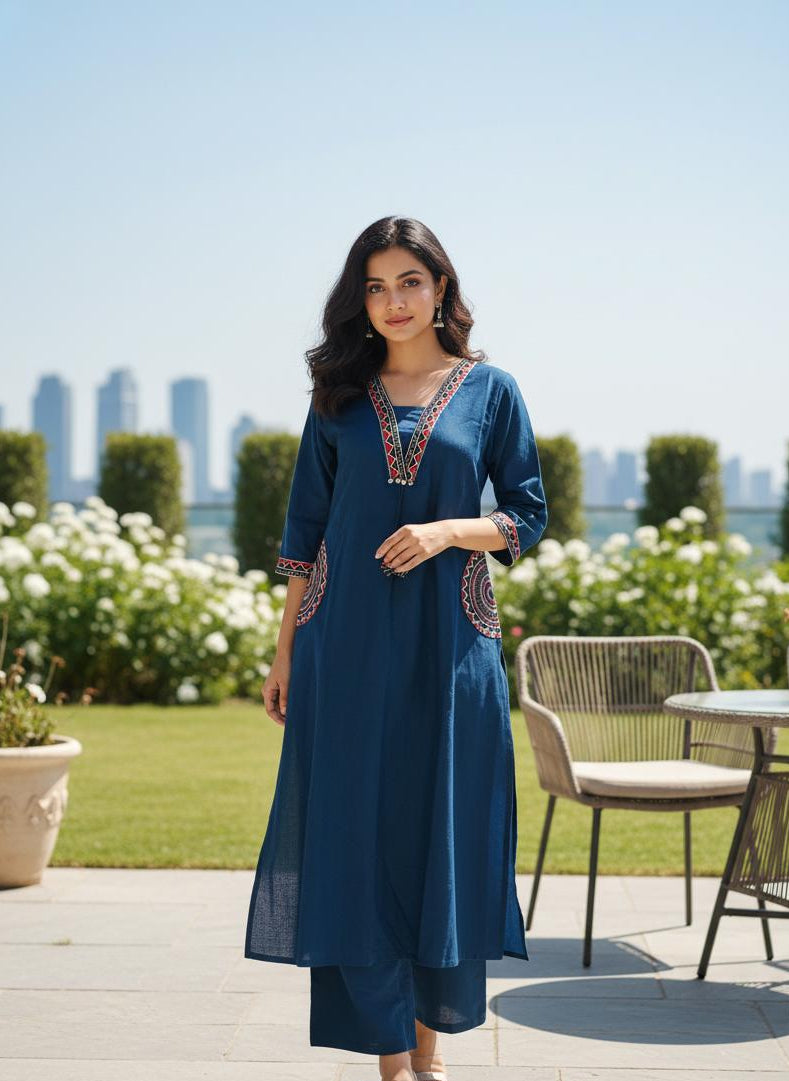 Indigo Blue Embroidered Cotton Kurta Set for Women