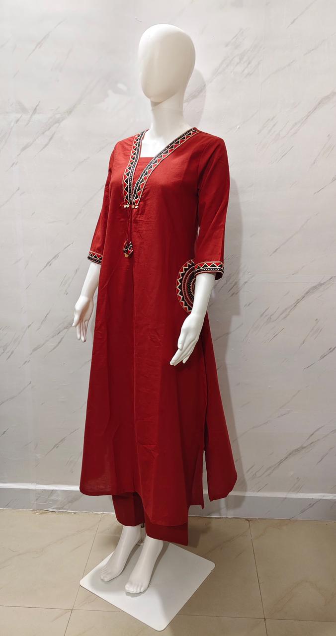 Rust Red Embroidered Cotton Kurta Set for Women