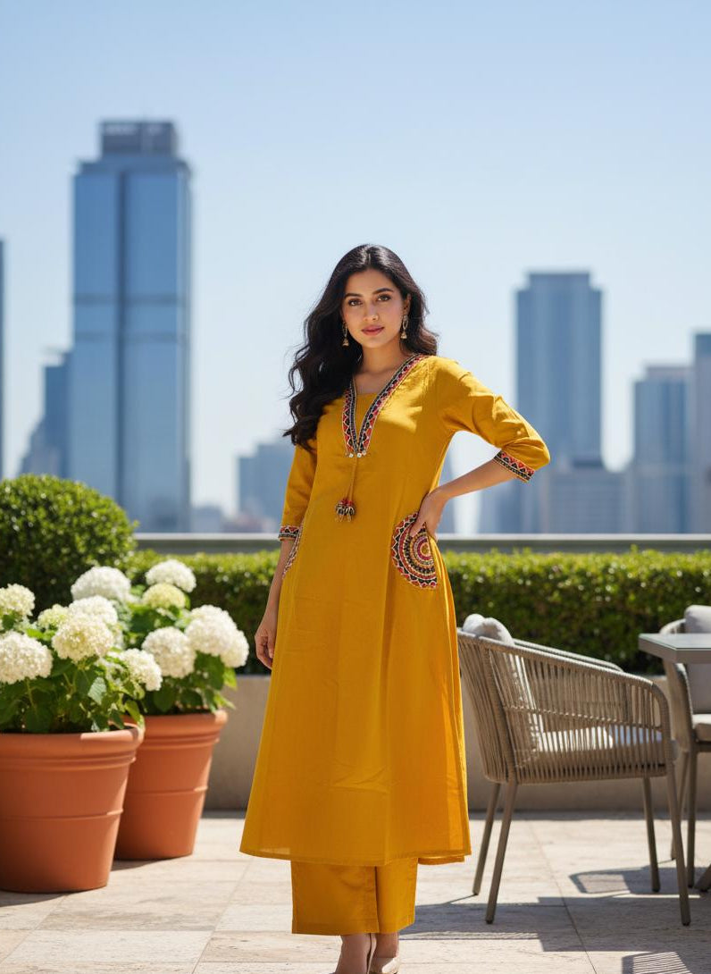 Mustard Yellow Embroidered Cotton Kurta Set for Women