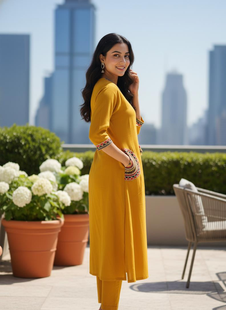 Mustard Yellow Embroidered Cotton Kurta Set for Women