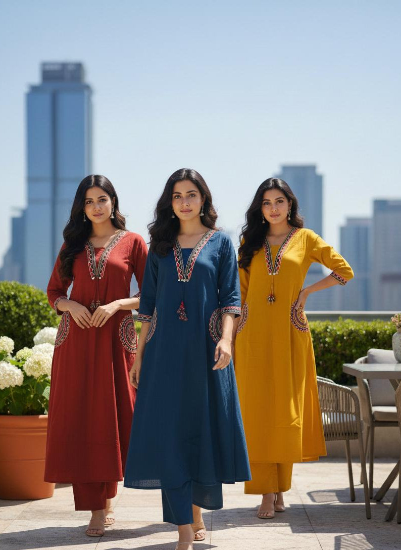 Rust Red Embroidered Cotton Kurta Set for Women