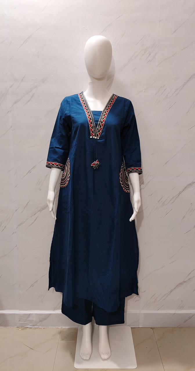 Indigo Blue Embroidered Cotton Kurta Set for Women