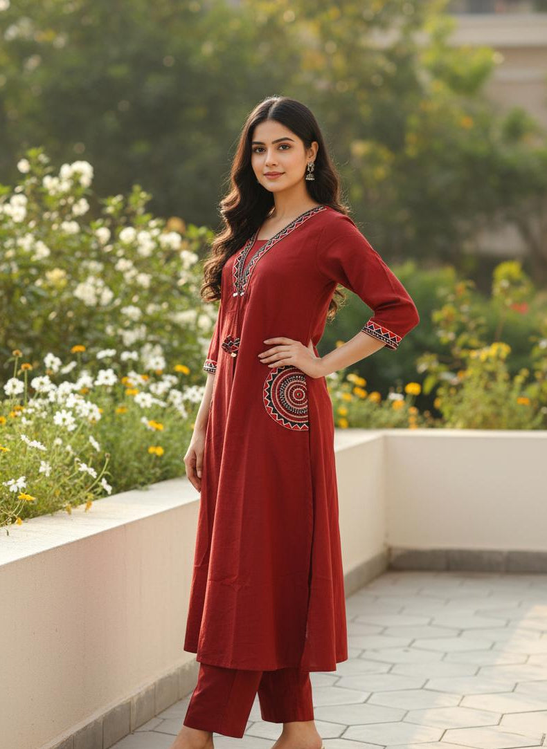 Rust Red Embroidered Cotton Kurta Set for Women