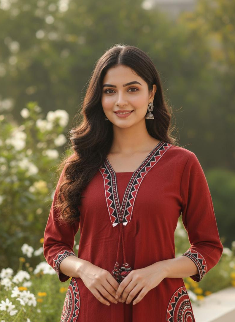 Rust Red Embroidered Cotton Kurta Set for Women