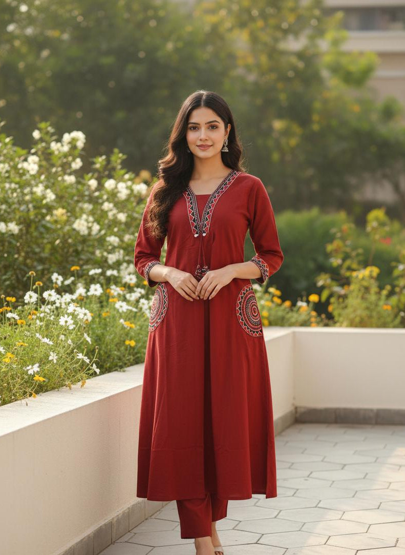 Rust Red Embroidered Cotton Kurta Set for Women