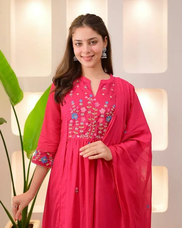Rani Pink Embroidered Flared Kurta Set with Dupatta for Women