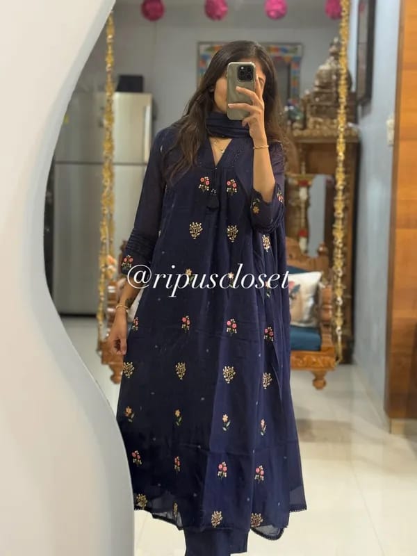 Navy Blue Embroidered Cotton Anarkali Kurta Set for Women