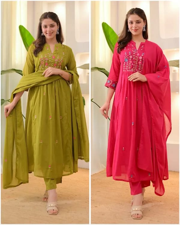 Olive Green Embroidered Cotton Anarkali Kurta Set with Dupatta for Women
