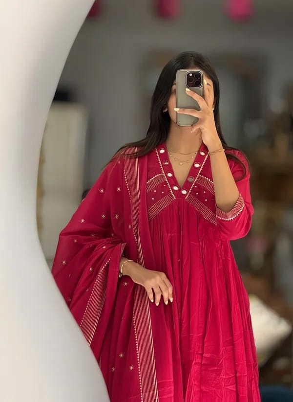 Rani Red Embroidered Flared Kurta Set with Dupatta for Women