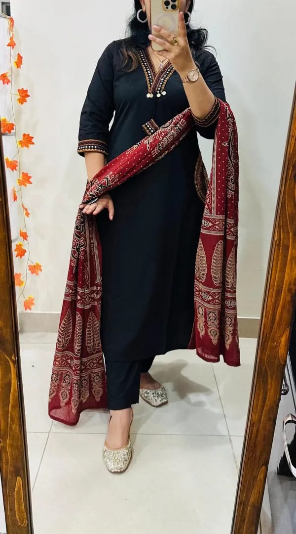 Black Solid Cotton Kurta Set with Red Ethnic Print Dupatta for Women