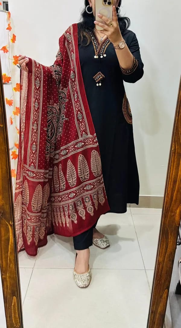 Black Solid Cotton Kurta Set with Red Ethnic Print Dupatta for Women