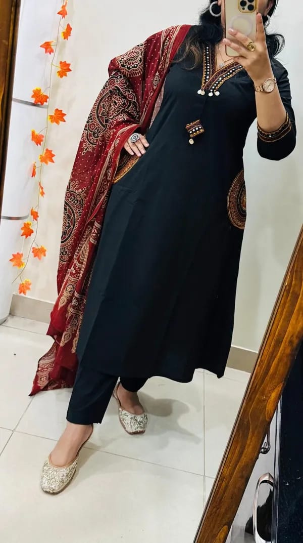 Black Solid Cotton Kurta Set with Red Ethnic Print Dupatta for Women
