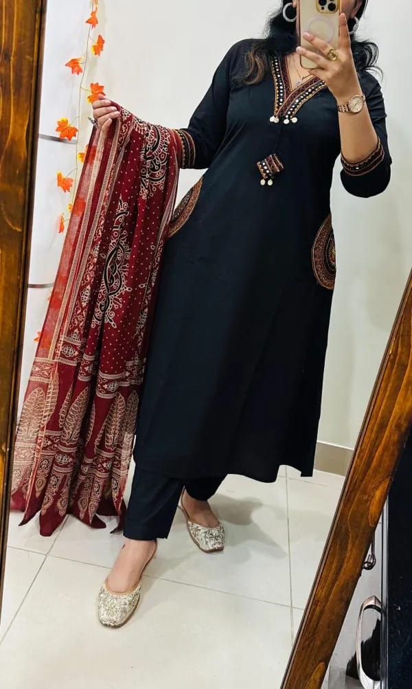 Black Solid Cotton Kurta Set with Red Ethnic Print Dupatta for Women