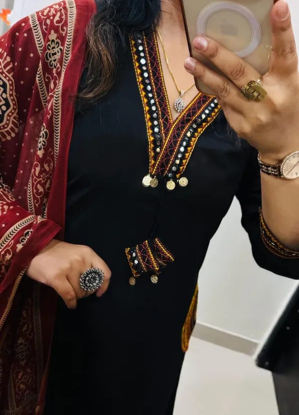 Black Solid Cotton Kurta Set with Red Ethnic Print Dupatta for Women