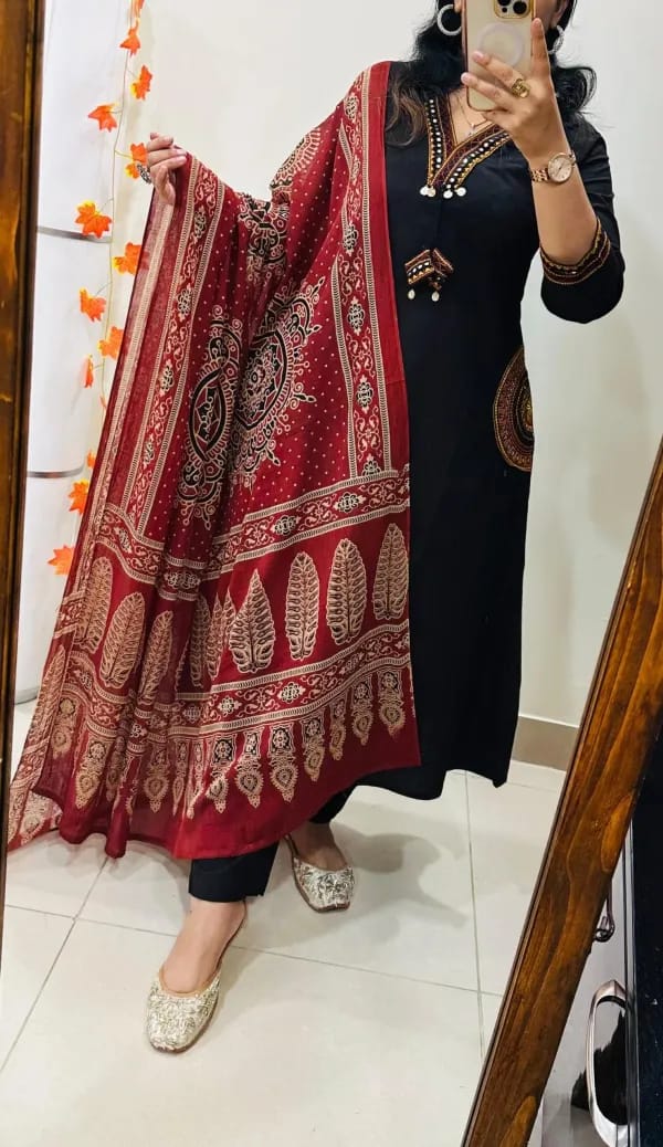 Black Solid Cotton Kurta Set with Red Ethnic Print Dupatta for Women
