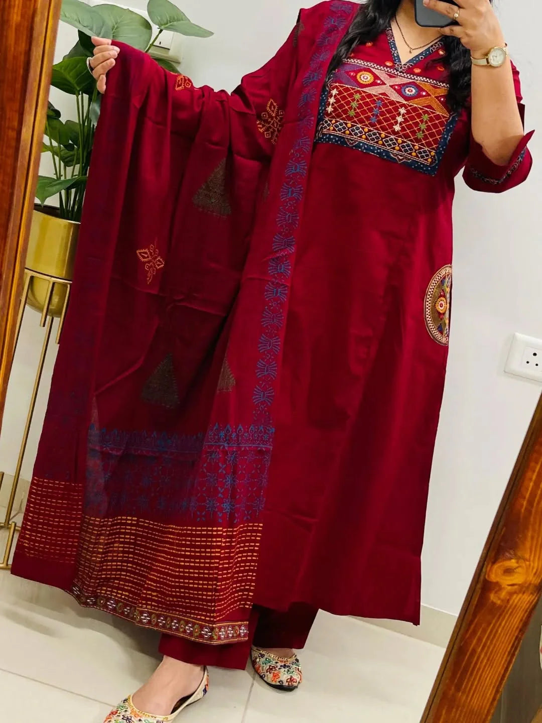 Red Embroidered Cotton Kurti Pant with Dupatta Suit Set Princess Cut