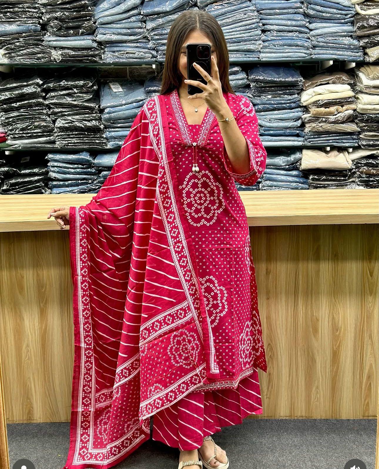 Women Bandhani Printed Regular Pure Cotton Kurta with Palazzos & With Dupatta