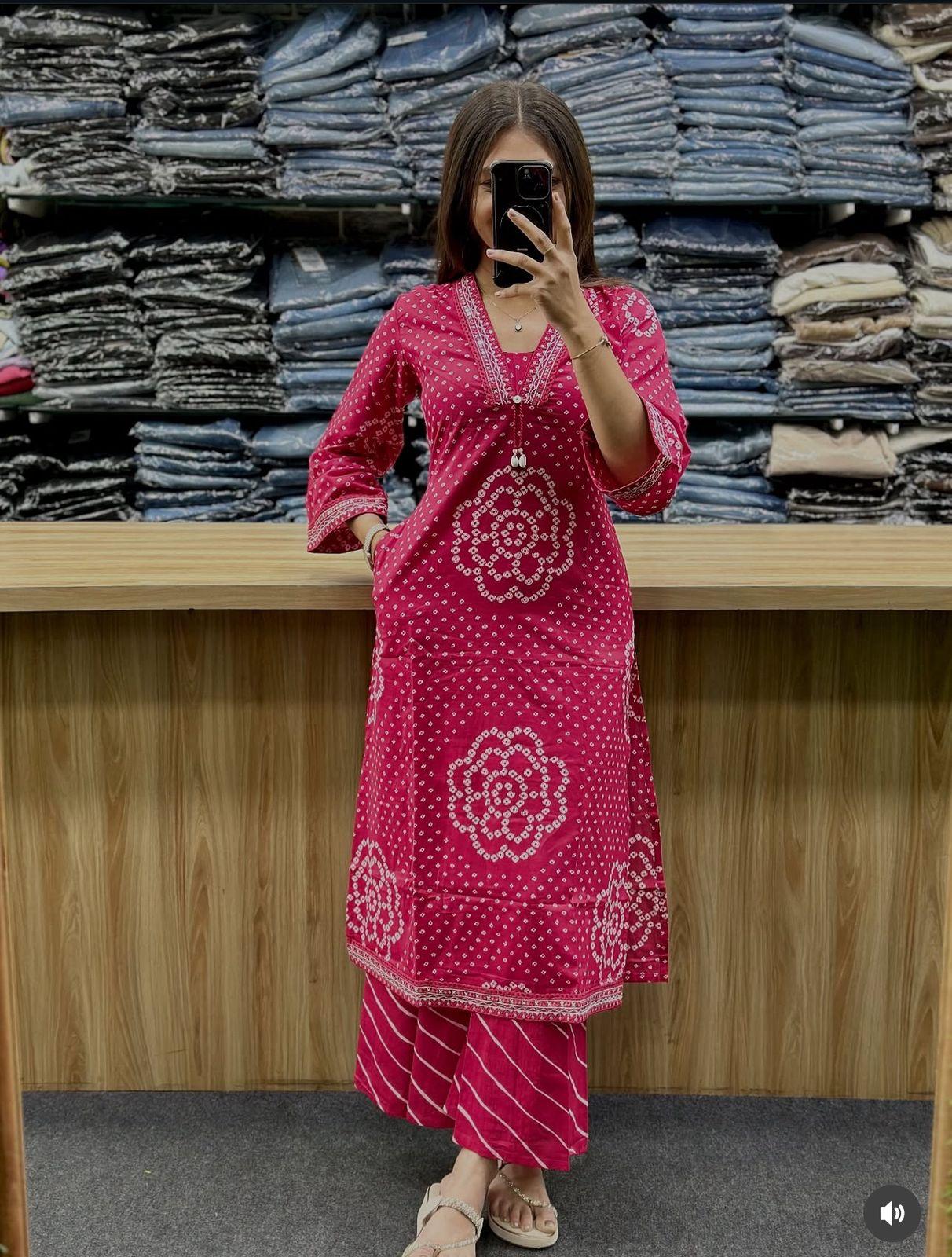 Women Bandhani Printed Regular Pure Cotton Kurta with Palazzos & With Dupatta