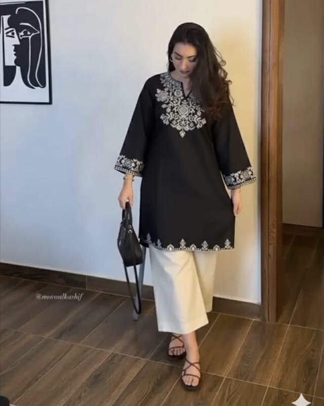 Black Cotton Embroidered Kurta Set with Palazzo Pants