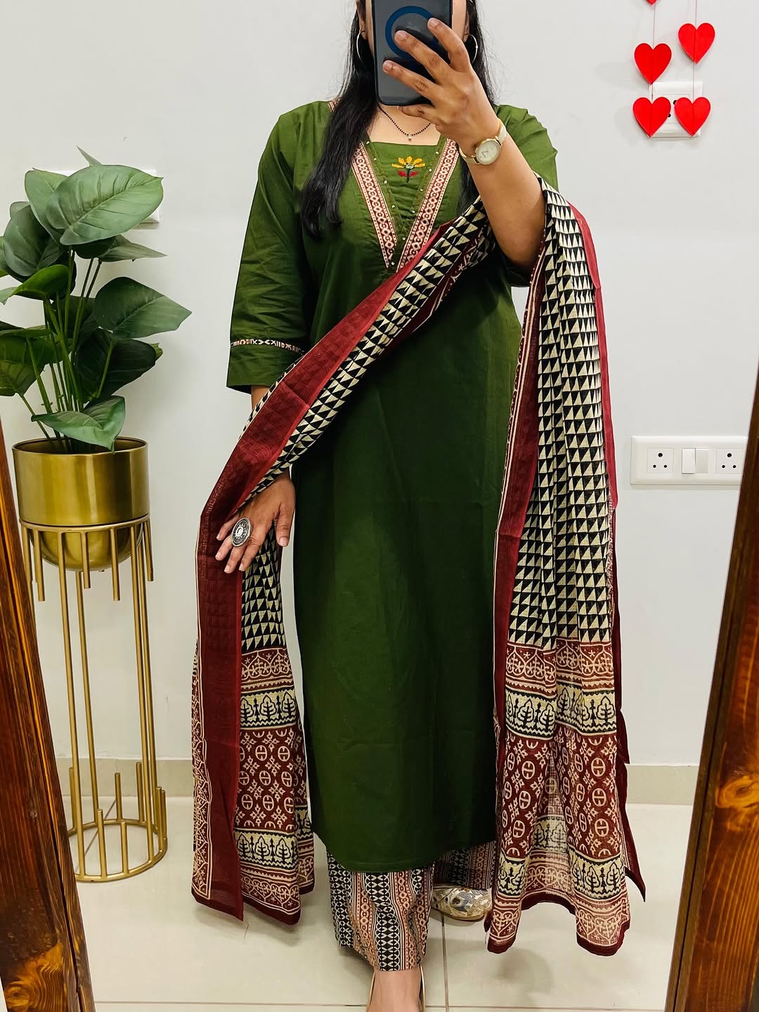 Olive Embroidered Cotton Kurti Pant with Dupatta Suit Set Princess Cut