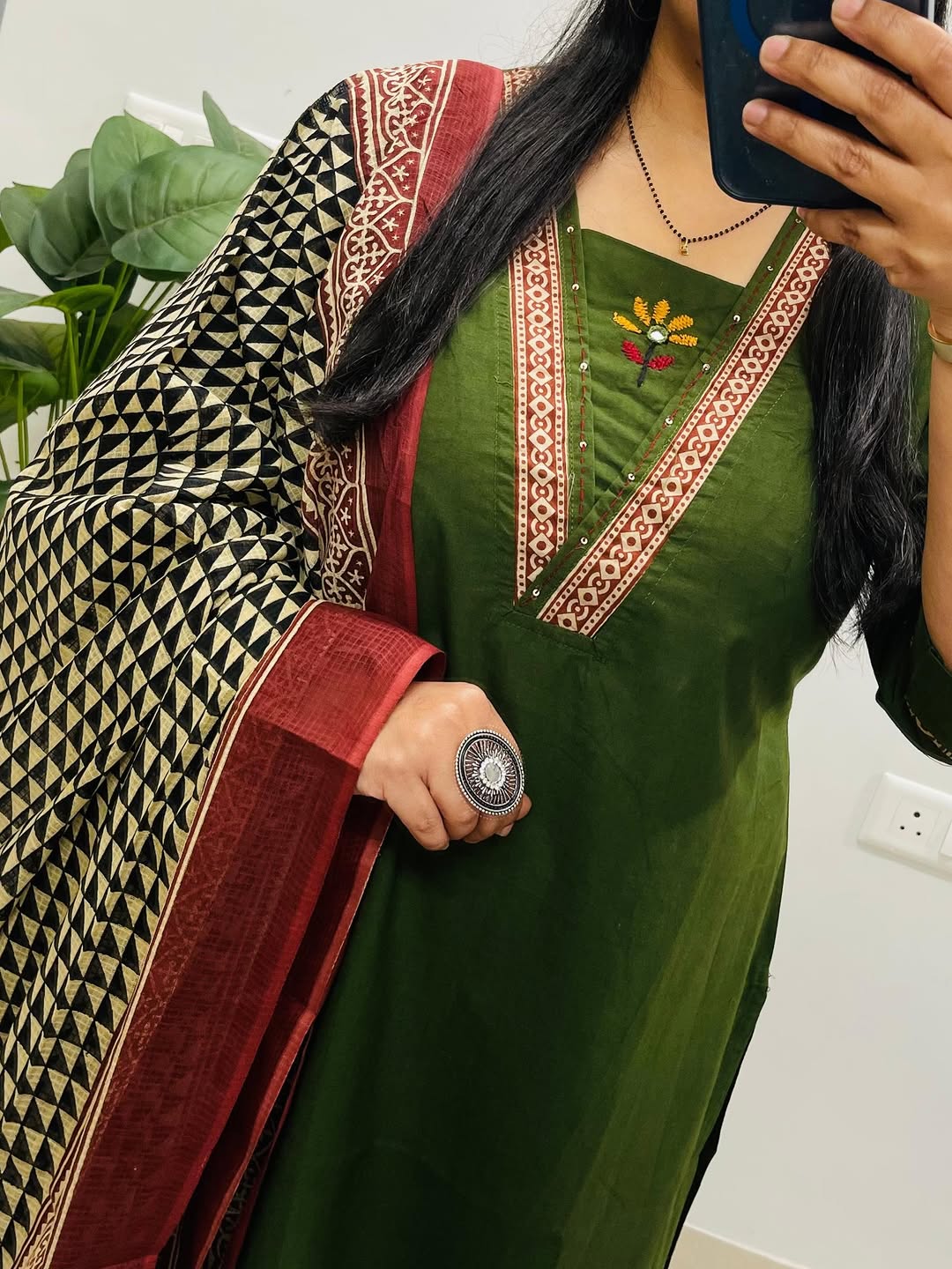 Olive Embroidered Cotton Kurti Pant with Dupatta Suit Set Princess Cut