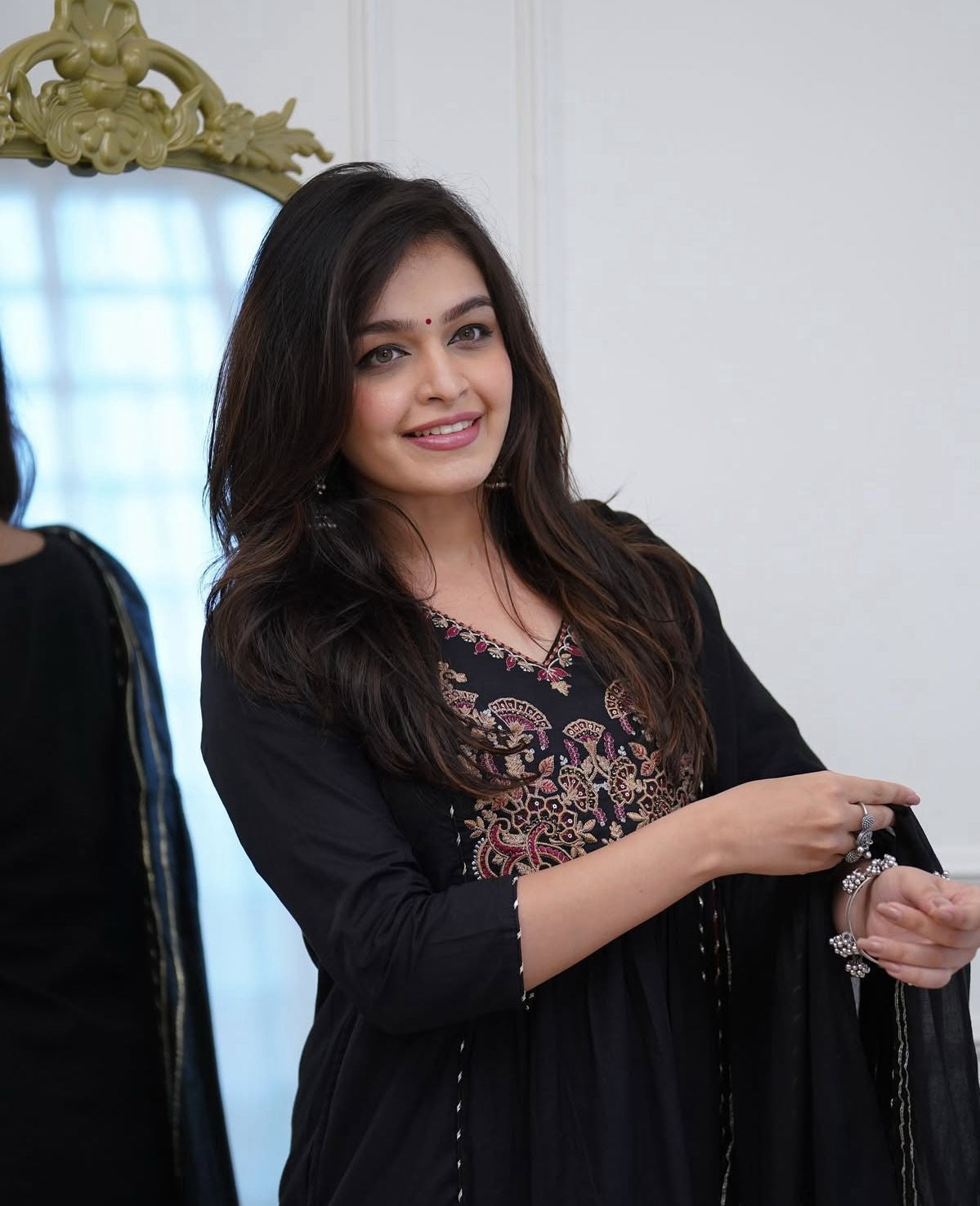 Black Embroidered Yoke Ethnic Set with Matching Dupatta