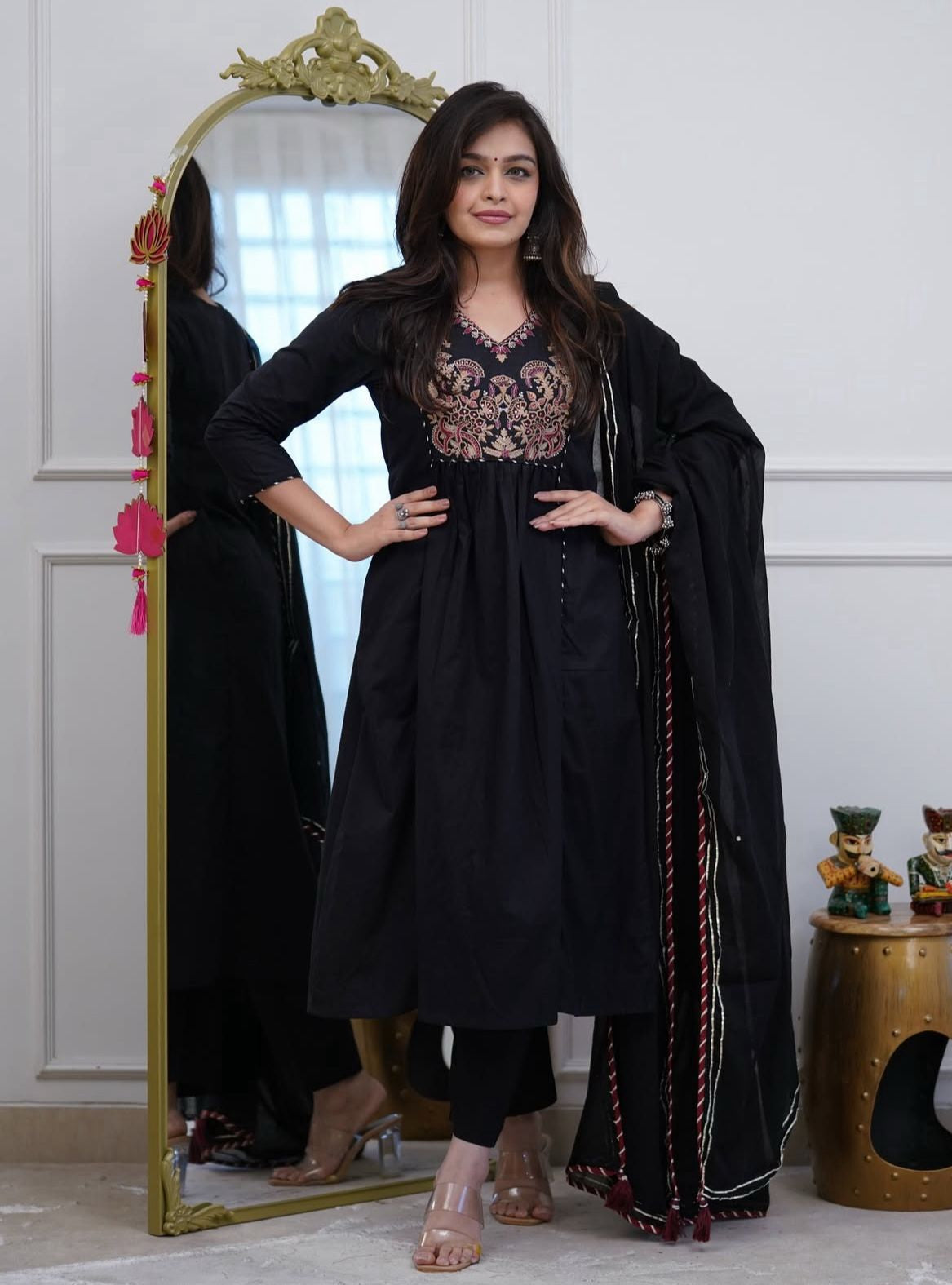Black Embroidered Yoke Ethnic Set with Matching Dupatta